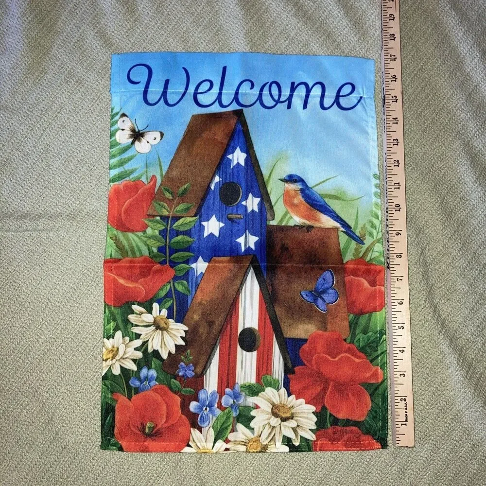 Welcome Pansy Perfection 12x18 Floral Blue Bird Small Garden Flag